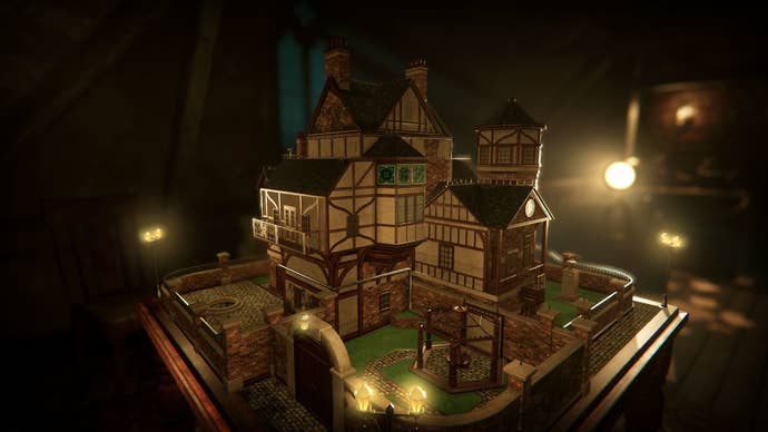 An elaborate dollhouse sits under various lamps in a screenshot from The Room 4: Old Sins