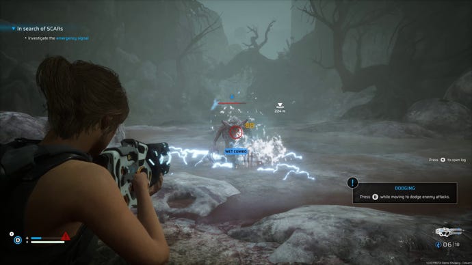 A woman fires an electric bolt at a monster in a lake in Scars Above