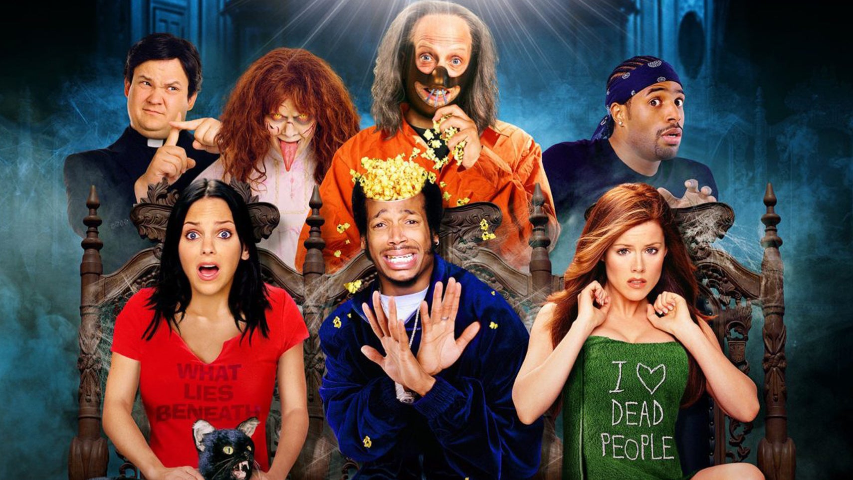 Promotional image for Scary Movie 2 showing its cast members referencing other classic horror franchises. - 1