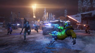 Scavengers - A player dives backwards while shooting at an AI enemy at night in a snowy environment.