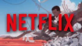 The Netflix logo superimposed a blurred still of Scavengers Reign showing Azi resting and reading amonst alien flora and fauna.
