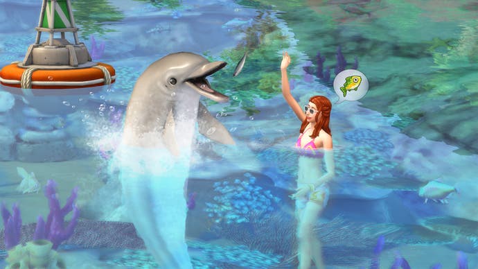 The Sims 4 Island Life artwork showing a Sim and a dolphin swimming.