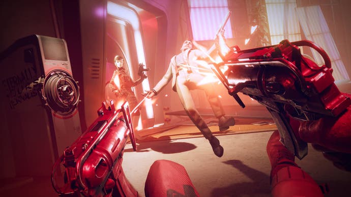 deathloop art, showing the player character dual-wielding SMGs to take out an enemy.