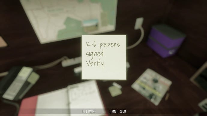 A Post-it note from a crime scene in Scene Investigators, reading 'K-6 papers signed. Verify'