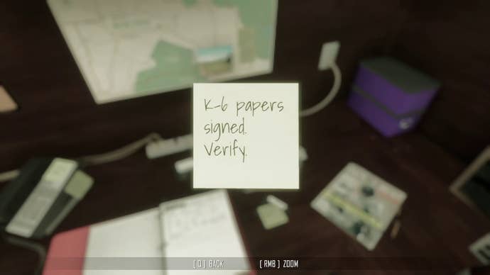 A Post-it note from a crime scene in Scene Investigators, reading ‘K-6 papers signed. Verify’