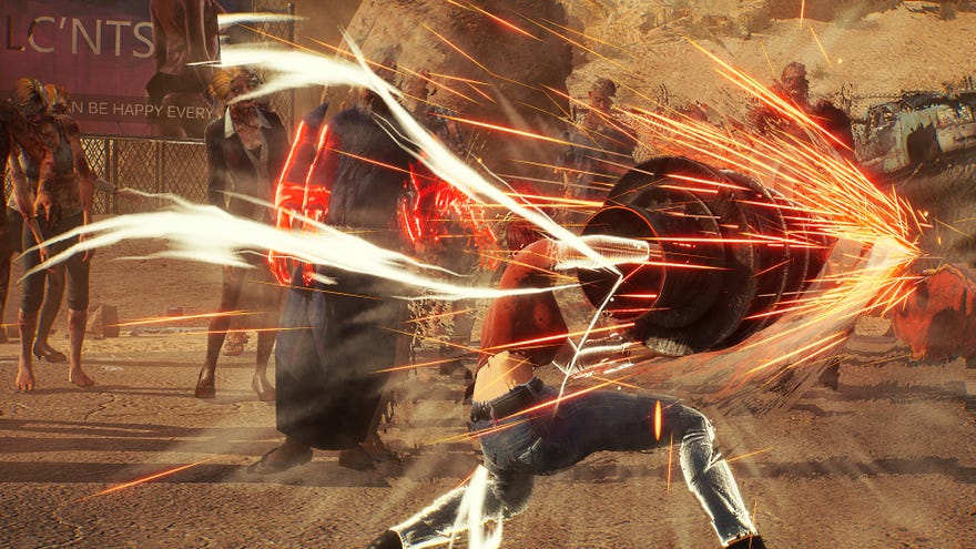 Fighting zombies with a very large drill fist in Showa American Story.