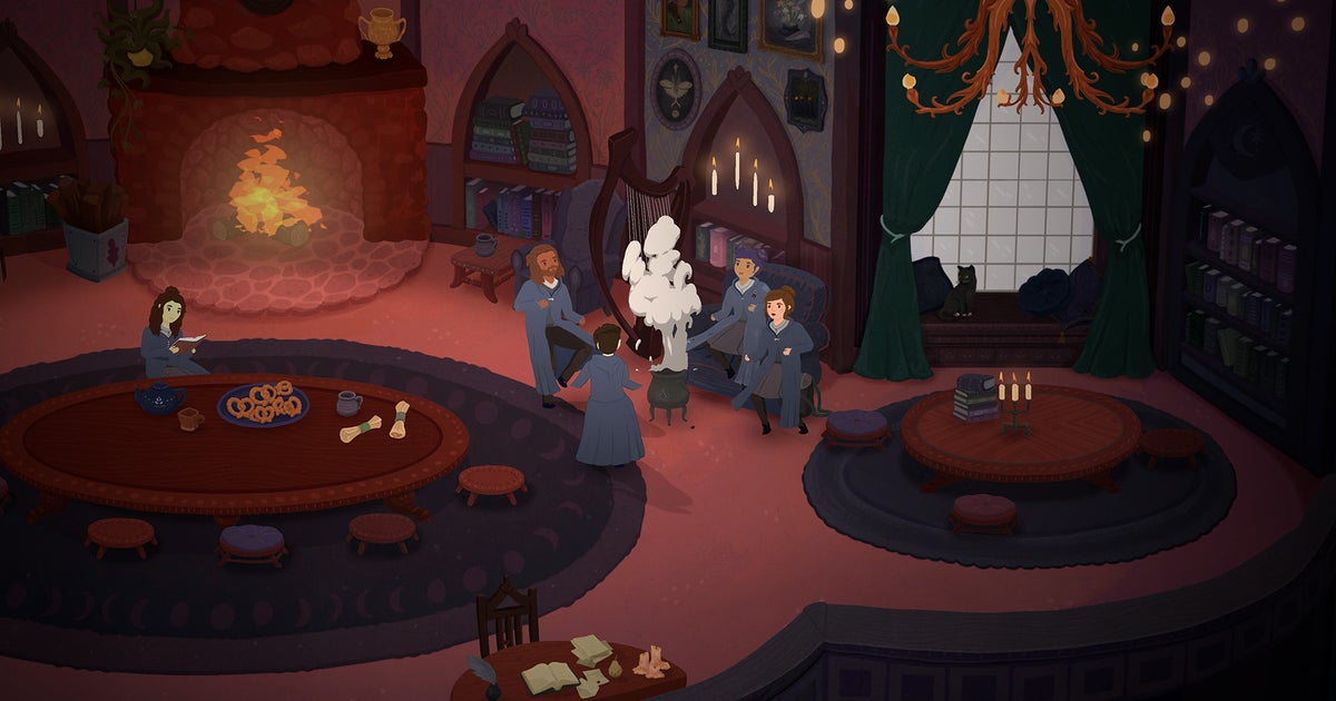 A bunch of witch students in a cosy common room with circular tables, a fireplace and a chandelier above a curtained window. From Songs of Glimmerwick.