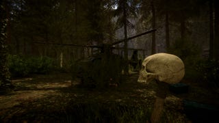 The player wields a skull hammer while looking at an abandoned helicopter coated in overgrowth on the Sons of the Forest island