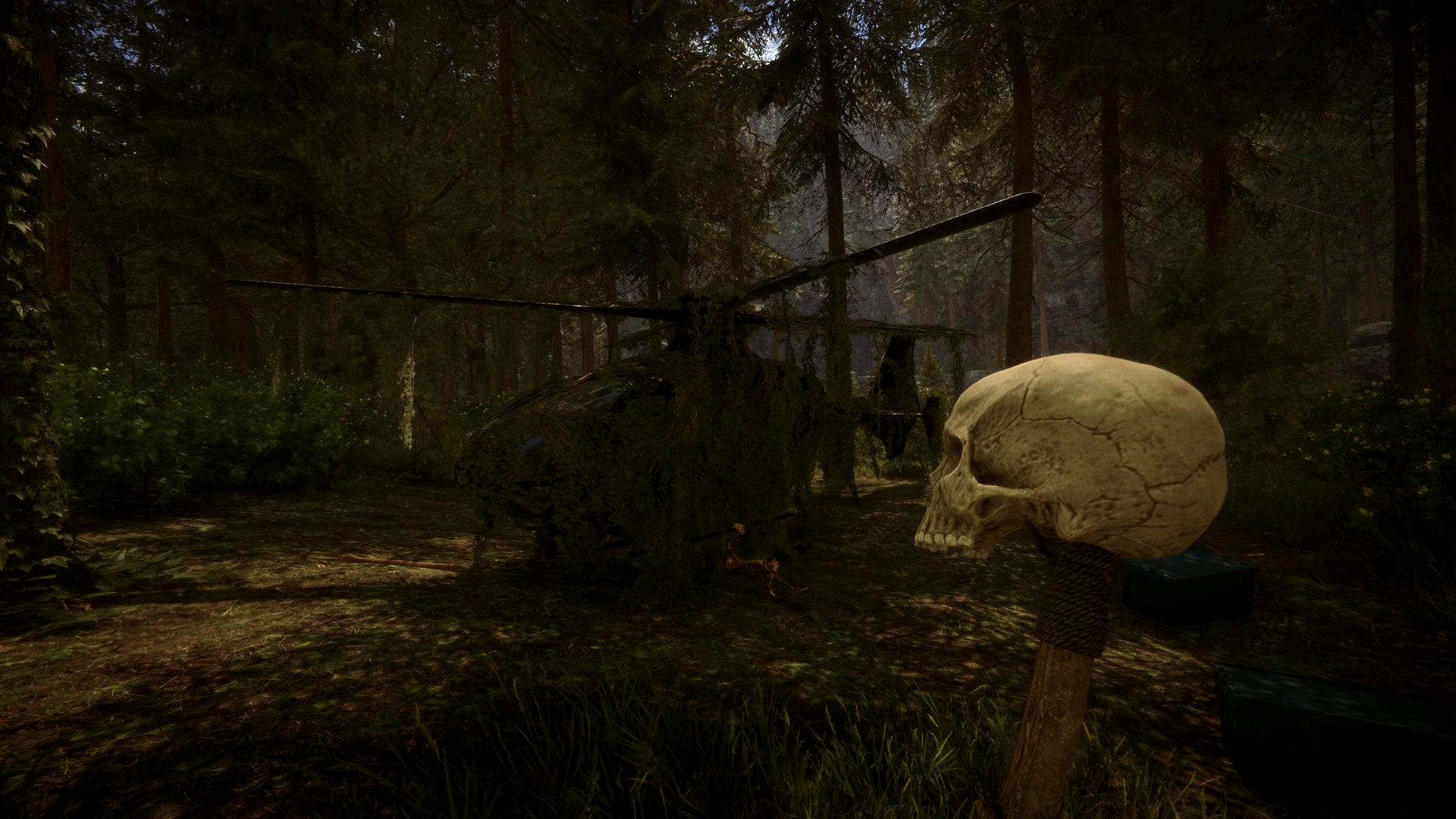 The player wields a skull hammer while looking at an abandoned helicopter coated in overgrowth on the Sons of the Forest island - 1