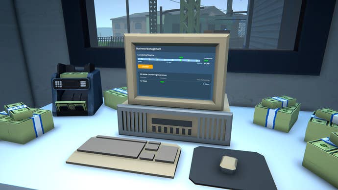 An old beige box desktop computer in Schedule 1, with fat piles money sitting around it.