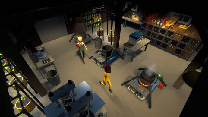 Two NPCs wander around a drug lab in Schedule 1.