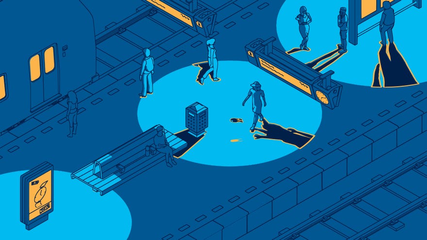 A blue and orange screenshot from Schim, which shows the player hopping between shadows.