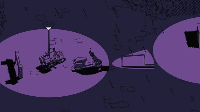 Hopping between streetlights in a purple Schim-scape.