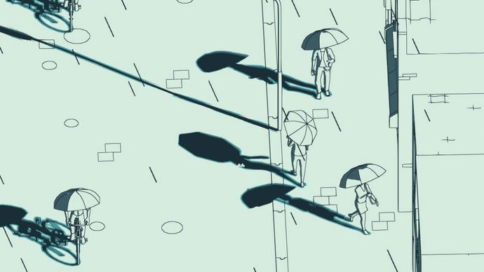 Hopping between the shadows of people's umbrellas on a rainy day in Schim.