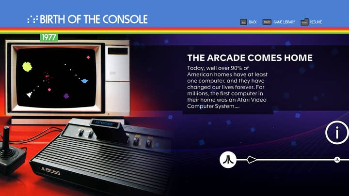A  screen of Atari 50: The Anniversary Celebration showing the start of the timeline documentary feature: 1977: Birth of the Console with a picture of an Atari Video Computer System hooked up to an old TV playing the home version of Asteroids