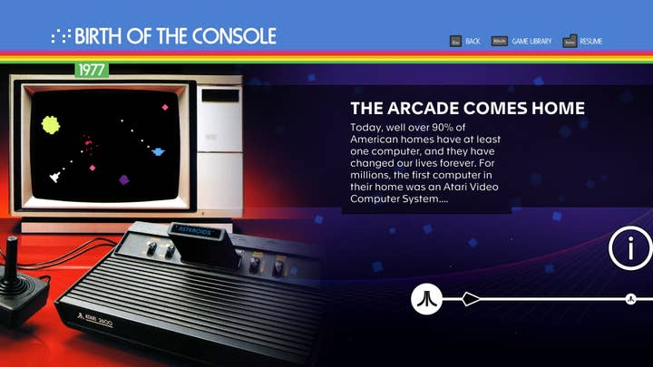 A screen of Atari 50: The Anniversary Celebration showing the start of the timeline documentary feature: 1977: Birth of the Console with a picture of an Atari Video Computer System hooked up to an old TV playing the home version of Asteroids