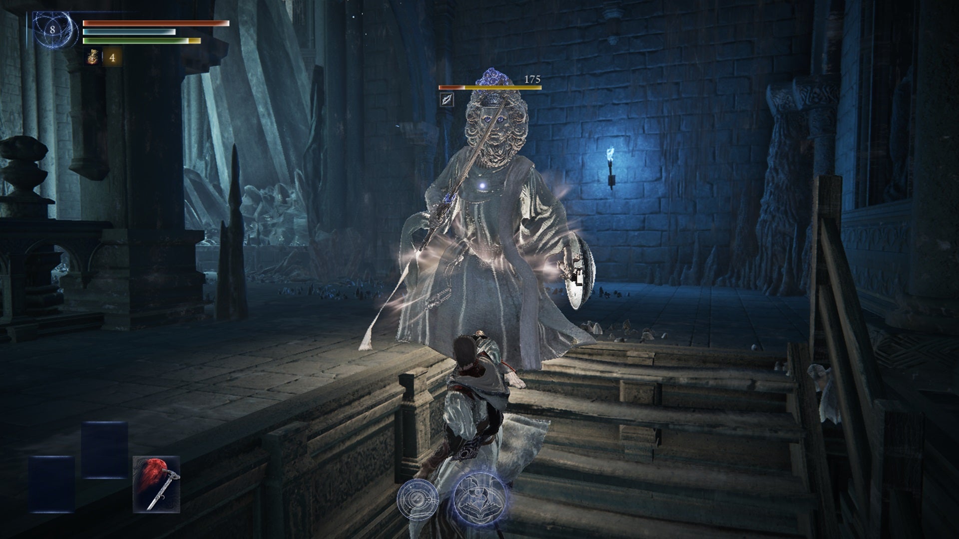 Scholar backs away from a white armoured enemy in Elden Ring: Nightreign. - 6