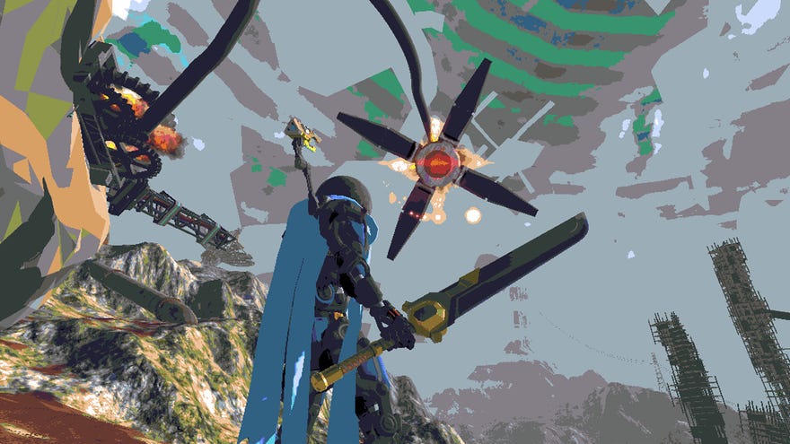 A robot sword fighter facing off against a huge flying claw in open world action game VA Proxy.