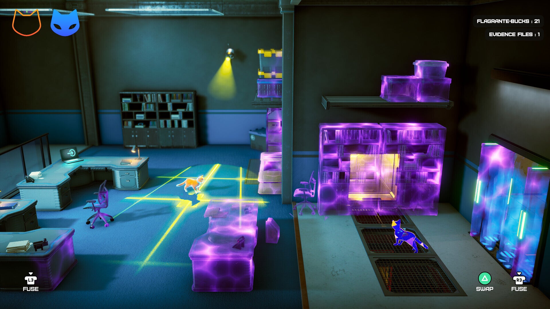 A scene from Schrodinger's Cat Burglar, showing a science lab ful of weird yellow and pink energy with a self-duplicating cat trying to navigate it.