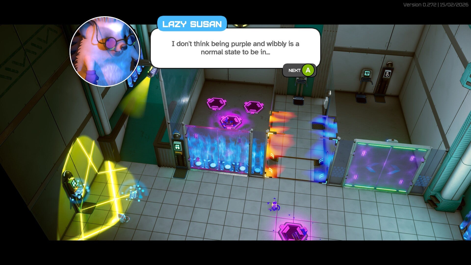 A lab full of forcefields and weird yellow and pink energy from Schrodinger's Cat Burglar, with dialogue from an animal saying they don't "think purple and wibbly is a normal state to be in".