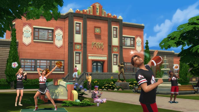 The Sims 4 High School Year artwork showing High School students hanging out outside theirschool.