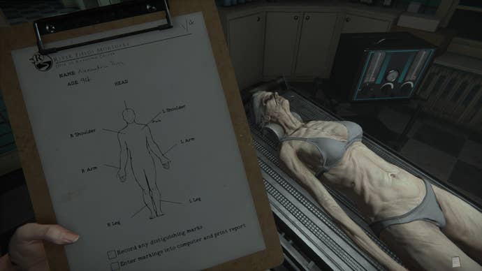 A female corpse lies on a table in The Mortuary Assistant as the player character looks at a clipboard