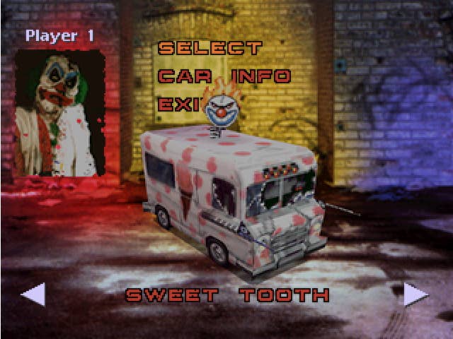 The character selection screen in Twisted Metal, where the player hovers Sweet Tooth and his ice cream van
