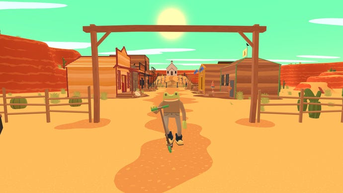 The player character - the Frog Detective - stands in front of the town on his scooter in The Frog Detective: Corruption at Cowboy County