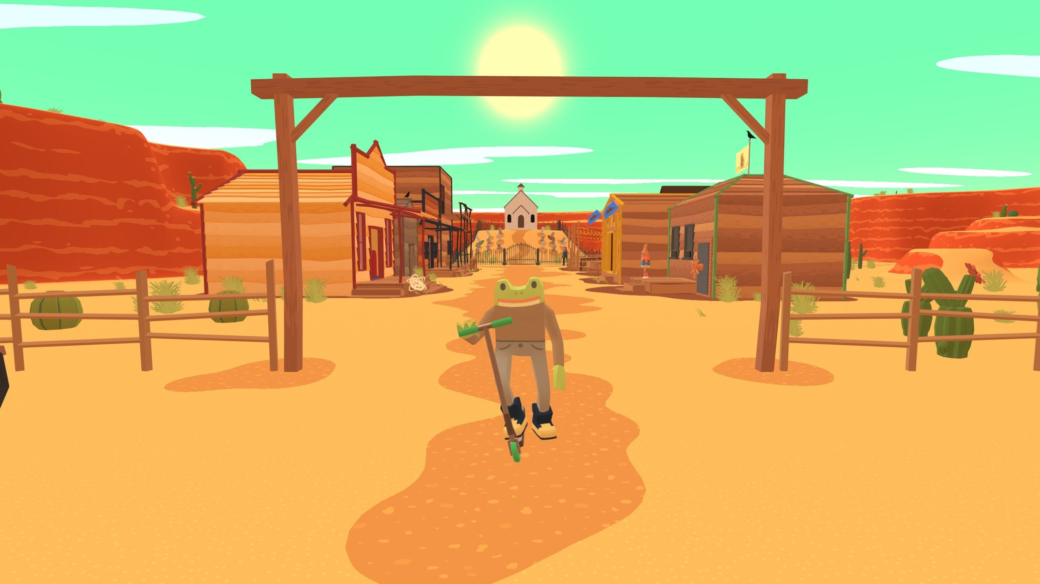The player character - the Frog Detective - stands in front of the town on his scooter in The Frog Detective: Corruption at Cowboy County - 1