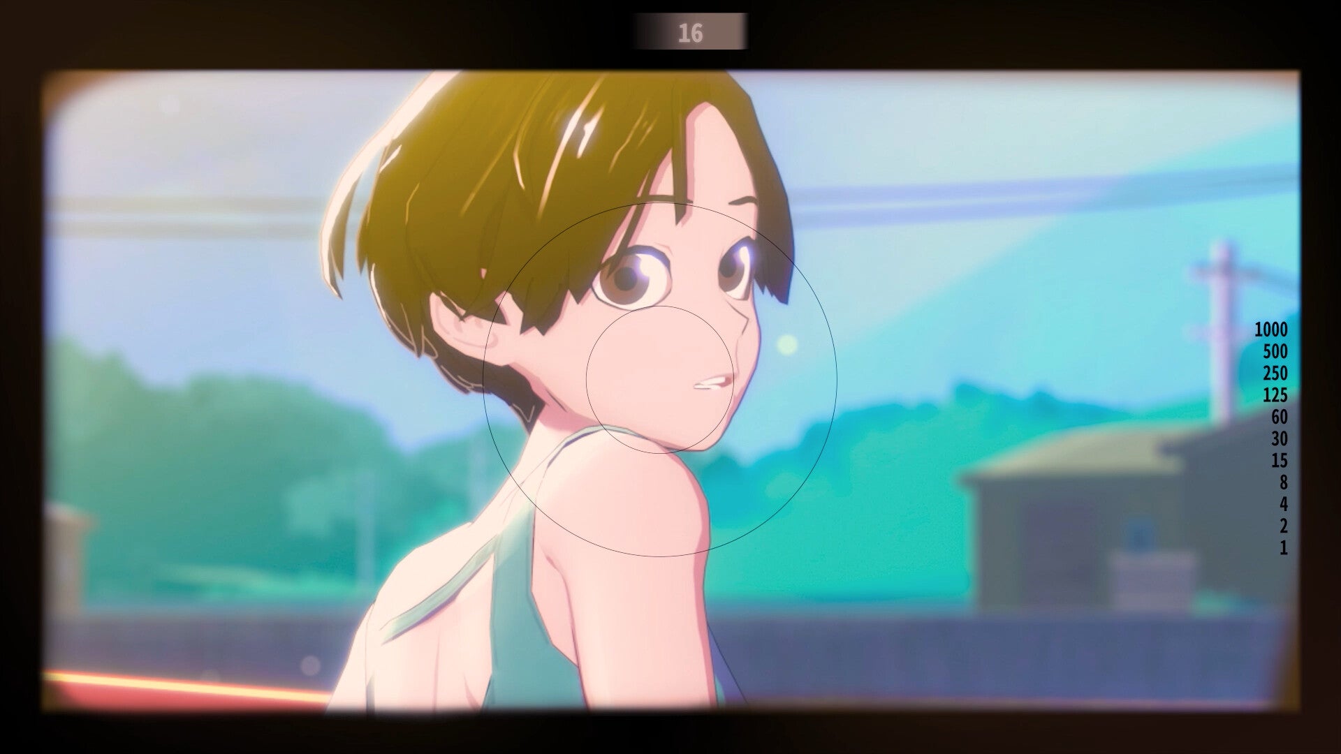 A character in Opus: Prism Peak looks back towards the camera - a literal camera, with a viewfinder