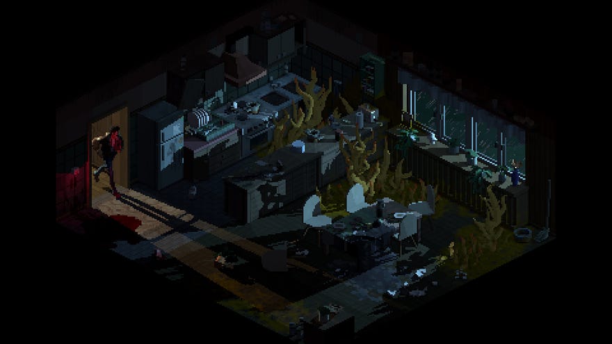 A shadowy room full of tentacles and wreckage in pixelart horror game Holstin, with the main character peering through a door from a well-lit room.