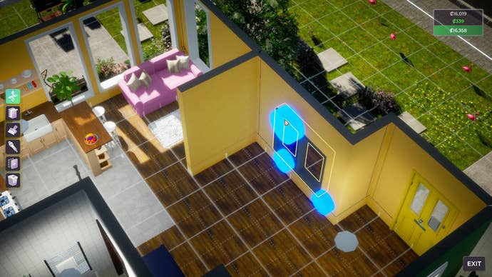 An open-plan house in Life By You’s build mode editor, with yellow walls being dragged using large blue edit buttons.