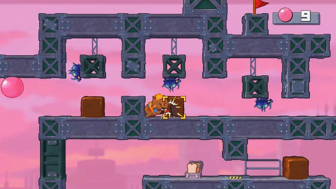 Hardhat Wombat screenshot - a cartoon wombat dressed as a construction worker navigates various 2D hazards on a complex gantry suspended in front of a bloomy sunset.