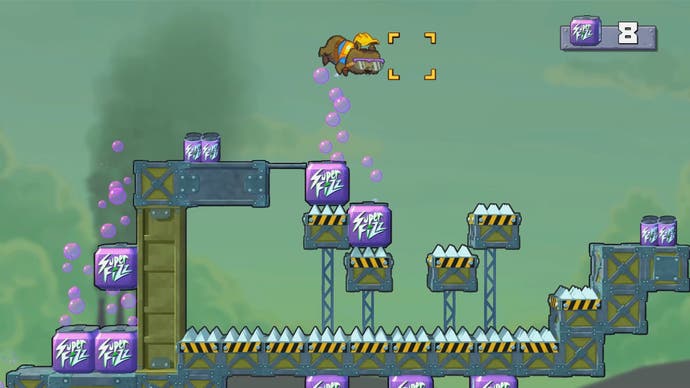 Hardhat Wombat screenshot - a cartoon wombat dressed as a construction worker navigates a 2D environment filled withs pikes and cans of questionable looking soda.