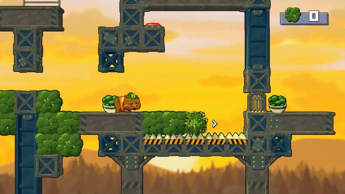 Hardhat Wombat screenshot - a cartoon wombat dressed as a construction worker navigates a 2D suspended gantry with obstacles set against a setting sun.