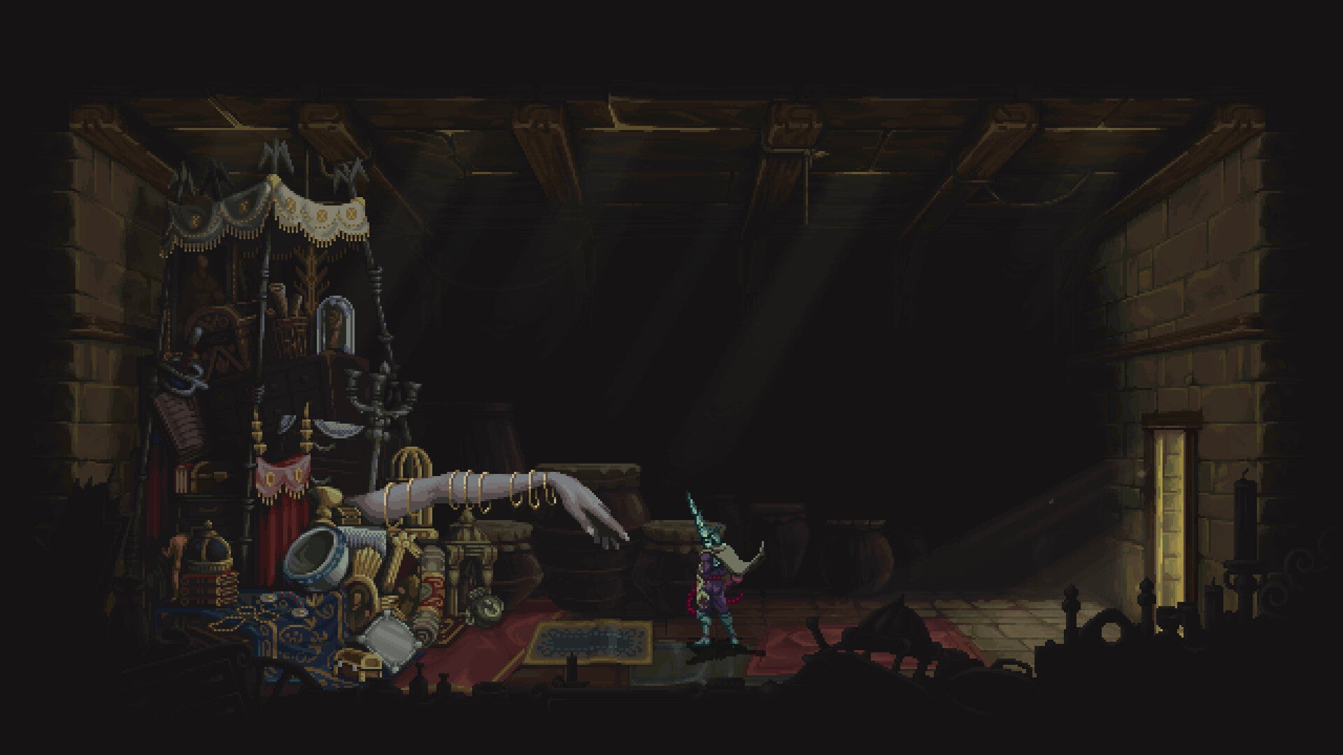 Blashphemous 2 screen showing player looking towards a pile of junk in a dark dungeon chamber, with a giant grey arm sticking out of it