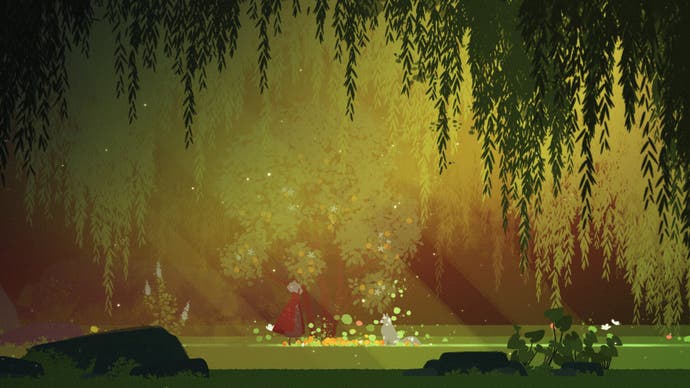 A side-on shot of a small caped character and a wolf facing each other in the clearing of a forest. It's a heavily illustrative style, with shards of sunlight slicing through the middle of the image.