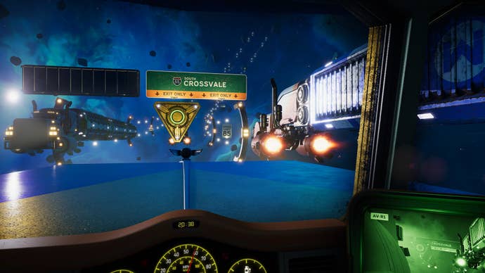 Multiple trucks can be seen driving along a space highway in Star Trucker