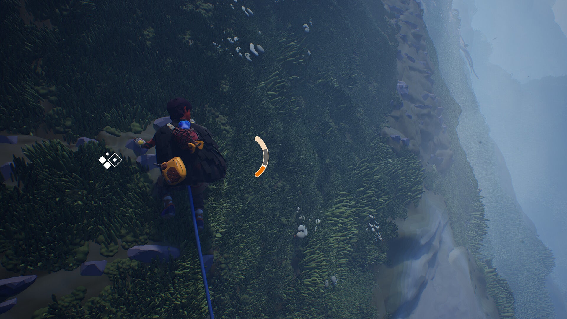 The young hero clings to a cliff wall filled with moss and plantlife on a windy, cloudy section of the mountain in Jusant.