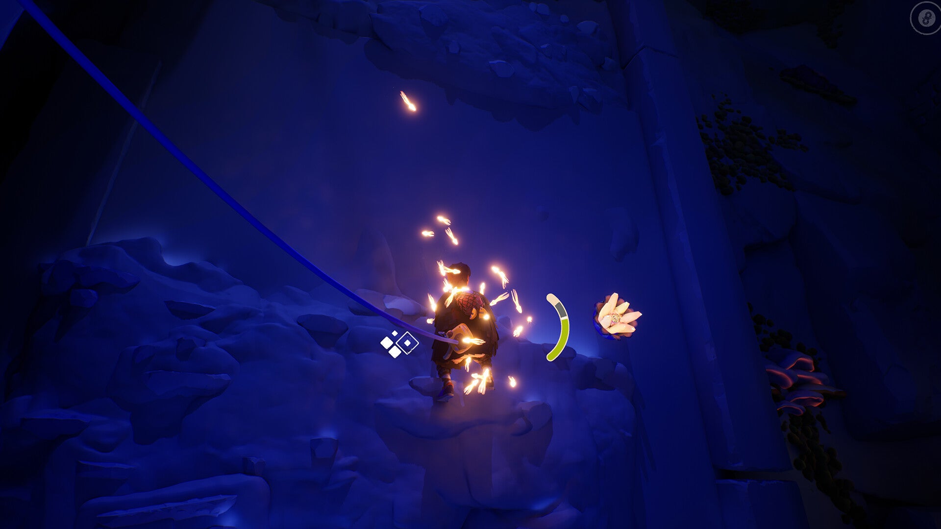 Brightly coloured miniature jellyfish that float in the air swarm around our young hero in Jusant. A bright glowing flower lurks on the wall that the hero clings to.