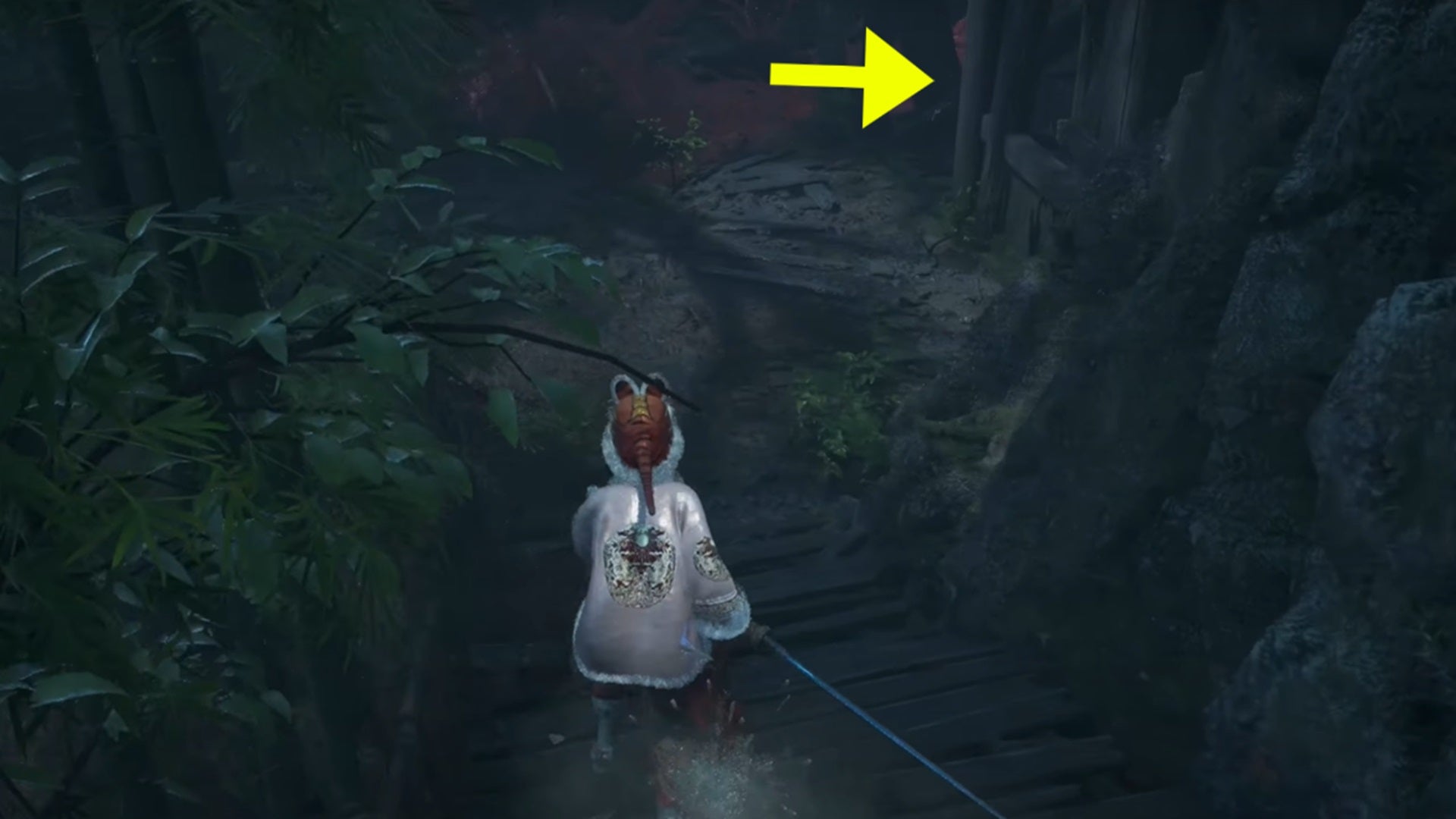 A yellow arrow points to the Scorn Greataxe's location, located within a ruined hut at Worship's Rise in Ruins in Wuchang Fallen Feathers. - 8