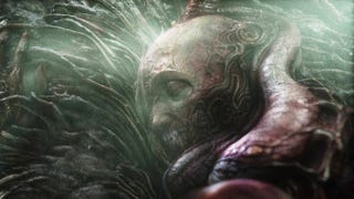 What appears to be a man, fused with a wall that is part flesh, part machine
