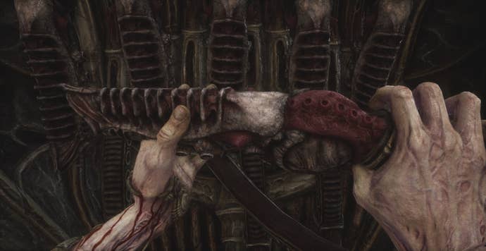 Scorn review - looking at bone-like gun in your hands