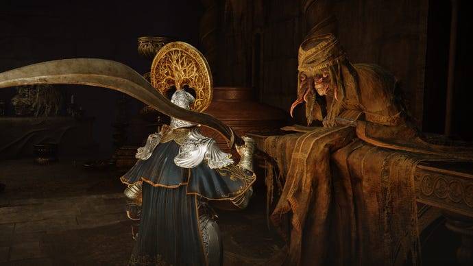 A player speaking with Hornsent Grandam in Elden Ring Shadow Of The Erdtree.