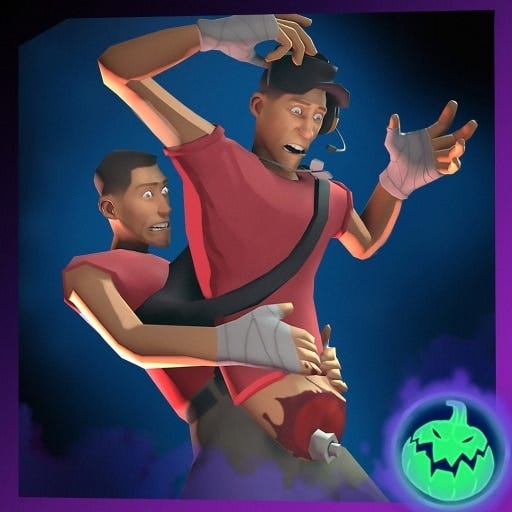 An image showing the Scout from TF2 wearing a cosmetic outfit that makes him look like he’s carrying his own severed torso.