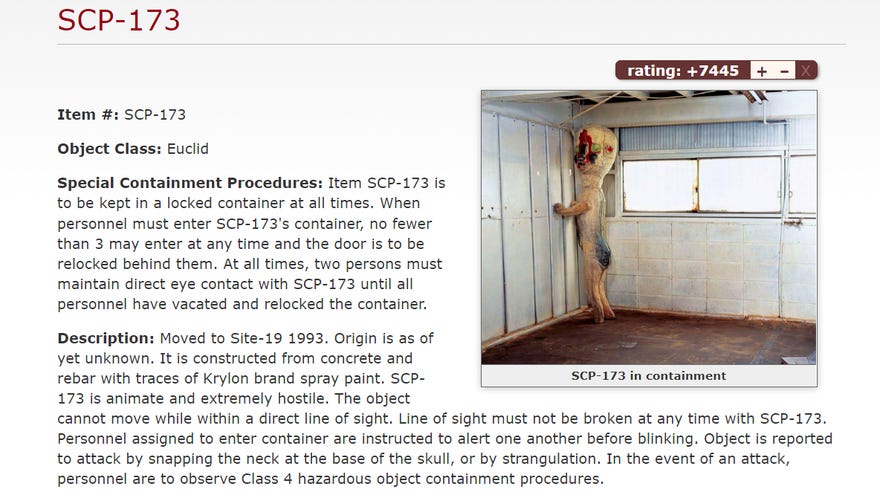 SCP-173’s page (with photo) from the SCP Foundation.