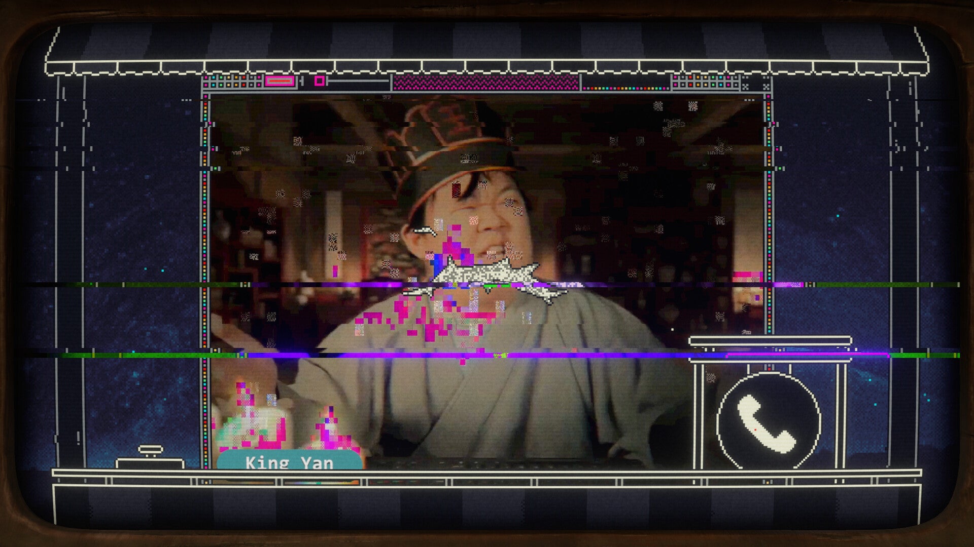 A crackly and artefact-laden videocall window from the game Pony Island 2, showing a man with his face screwed up wearing a crown.