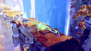A player dashing across a series of rock platforms in Windblown