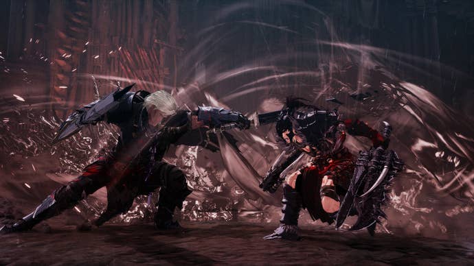 In a dramatic combat scene, two armored warriors clash fiercely. The male fighter on the left wields a large shield and sword, while the female fighter on the right, dressed in dark armor and red accents, holds dual weapons.