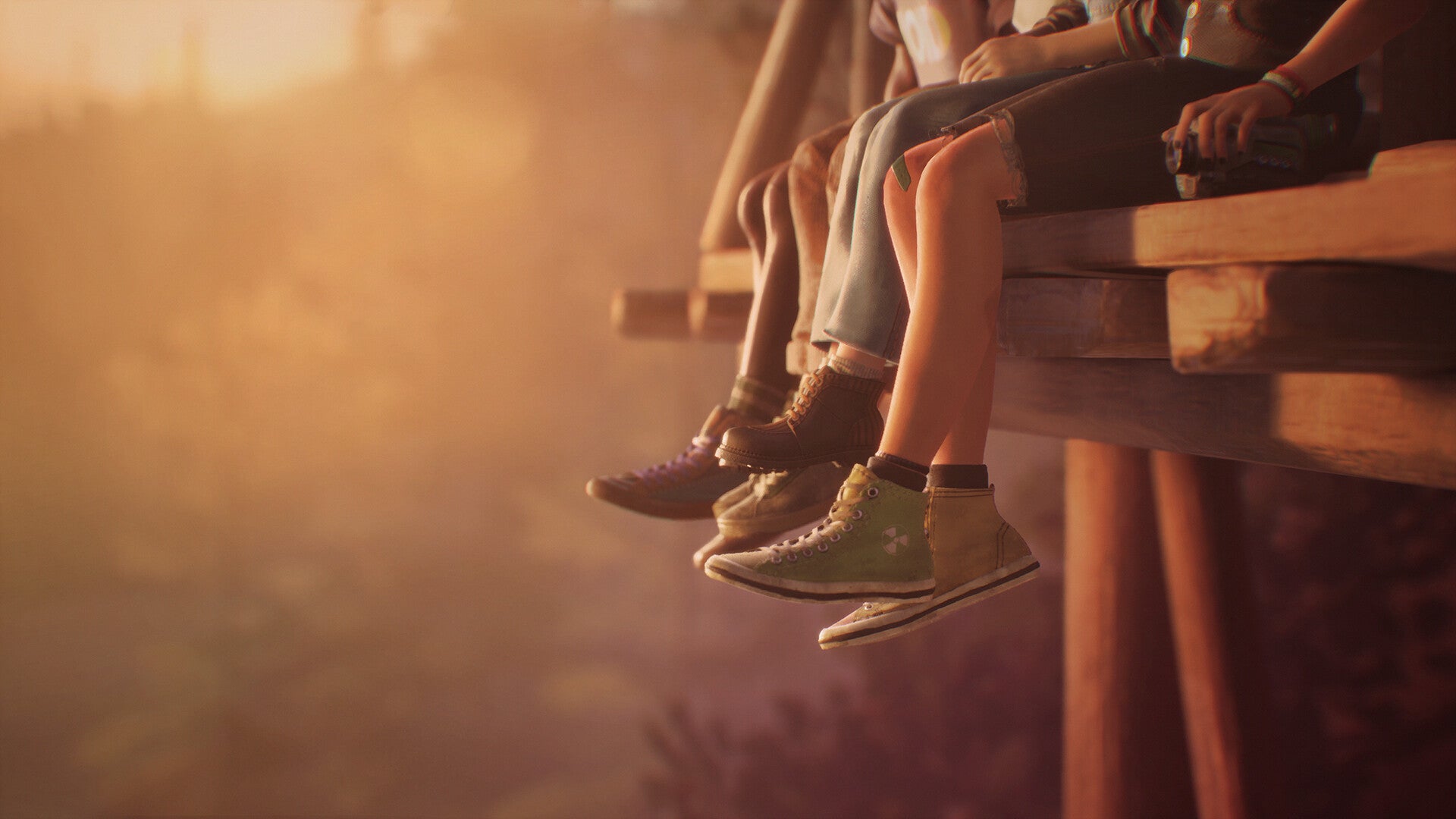 Four pairs of legs swing over the side of a bridge in a pearly summer sunset. - 6